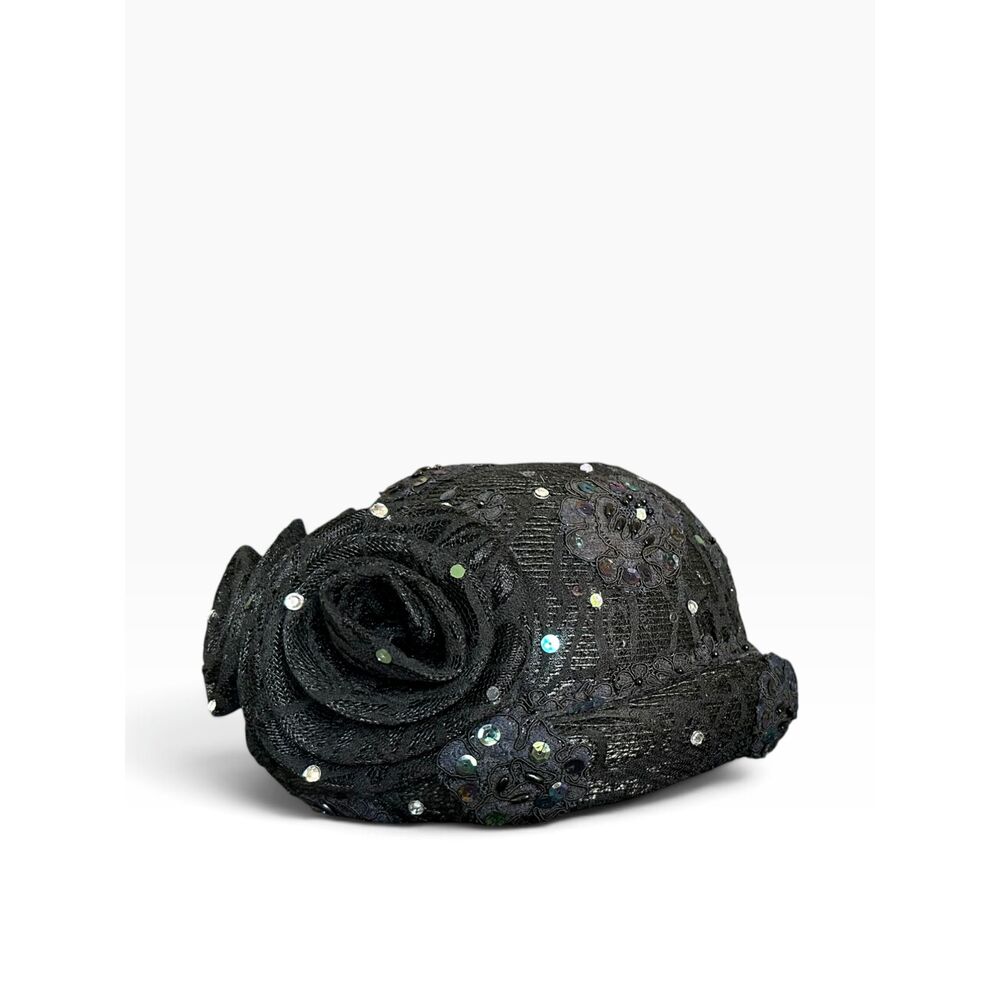Vintage Mr. Hi's Classic Cloche Hat Womens Black Sequin Rhinestone Church Lady